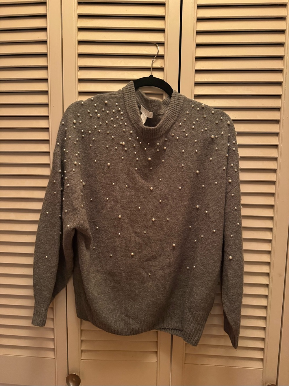 H&M Grey Pearl-Embellished Crew Neck Sweater